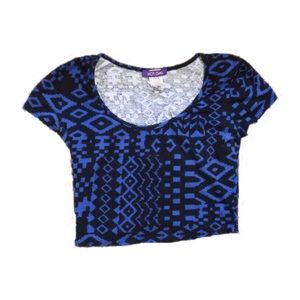 Macys Tribal Crop Top Royal Blue Black Short Sleeves Size Small